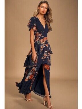 NWT Lulus Midnight Mood Navy Blue Floral Print Tiered Maxi Dress